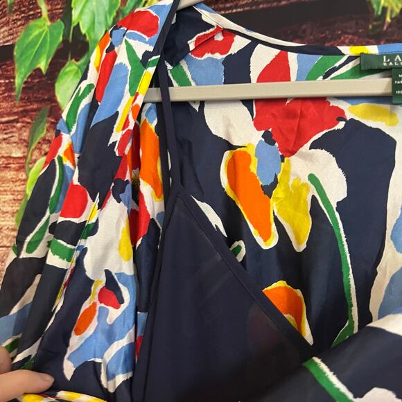 Ralph Lauren Multicolor Floral 100% Silk Wrap Front Blouse 2X Puff Sleeve Shirt - Picture 5 of 6